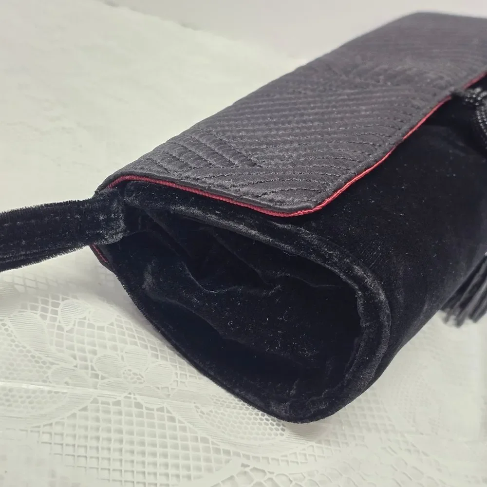 The Limited Velvet Velour Black Evening Clutch Wristlet With Beaded Tassel